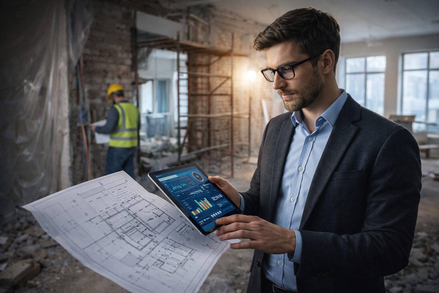 Bauleiter prüft Renovierungspläne auf Tablet