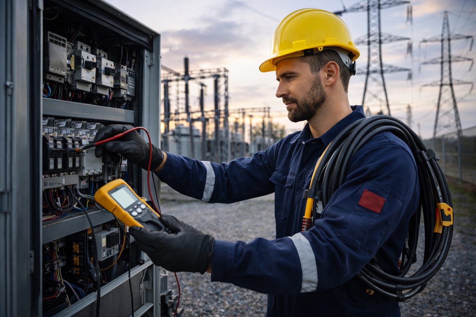 Elektriker bei der Arbeit im Substationsbereich