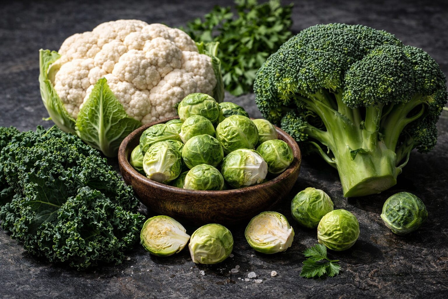 Frische Kreuzblütler auf Schiefertafel