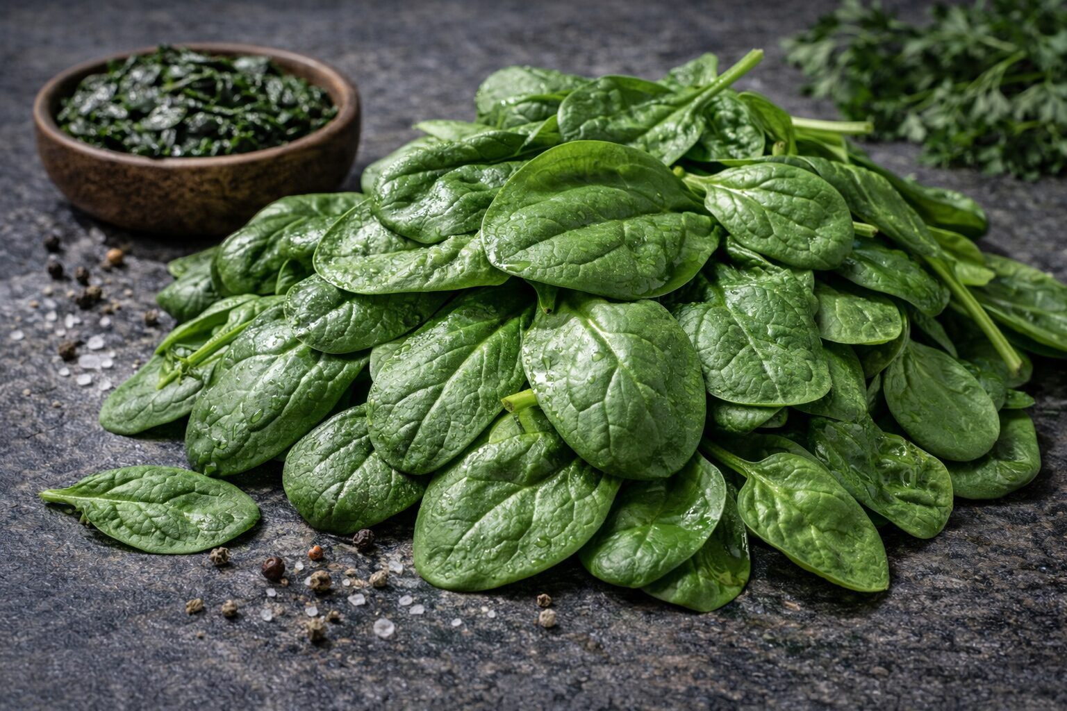 Frische Spinatblätter auf Schiefer