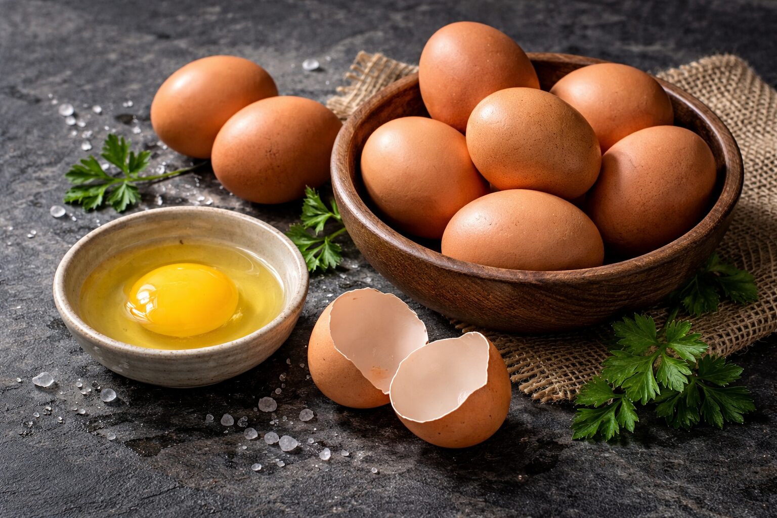 Frische braune Eier auf Holzschale