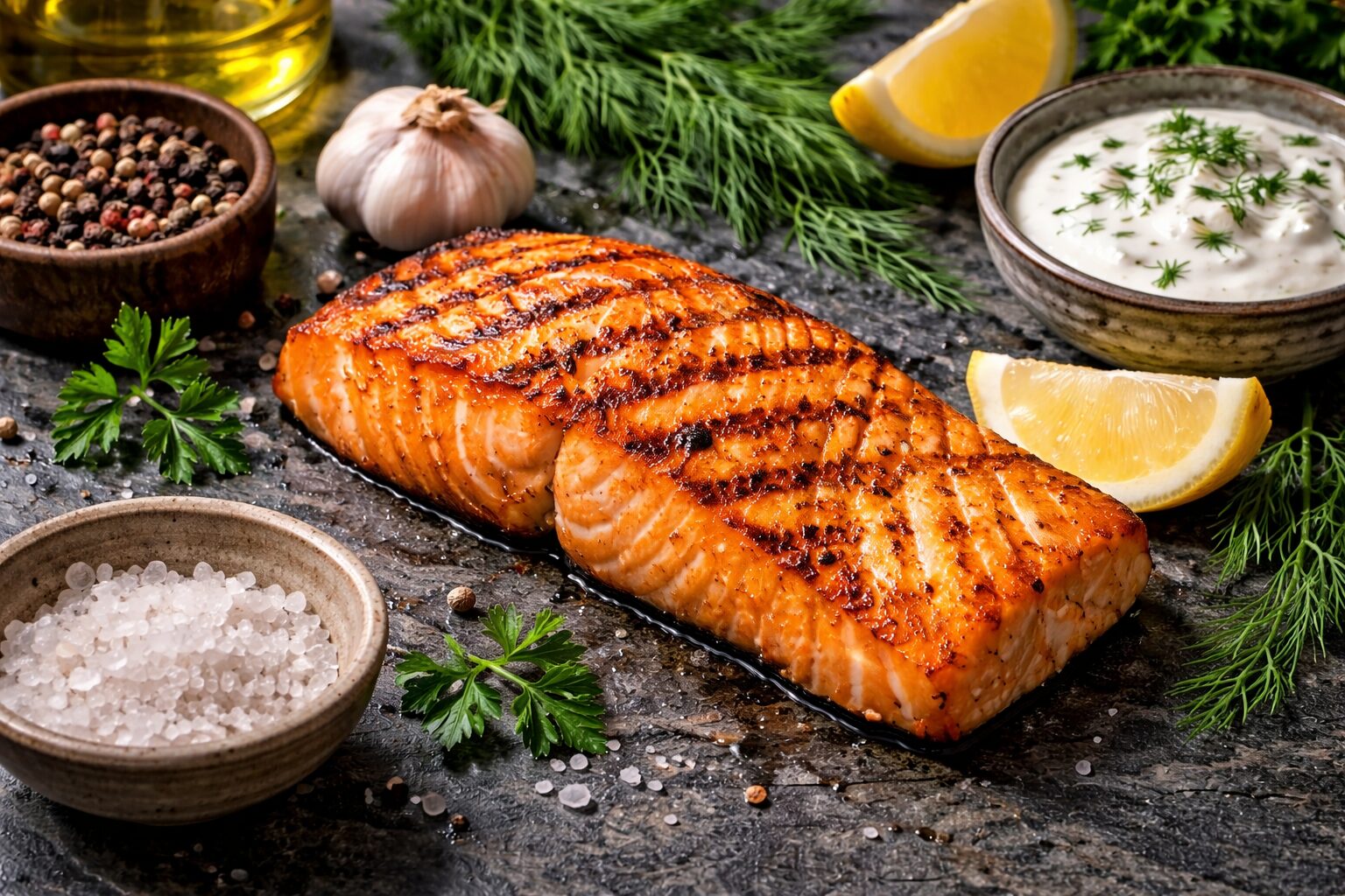 Gegrilltes Lachsfilet mit Beilagen