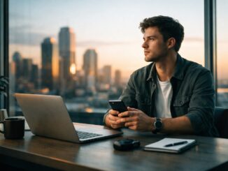 Junger Mann bei Sonnenuntergang am Arbeitsplatz