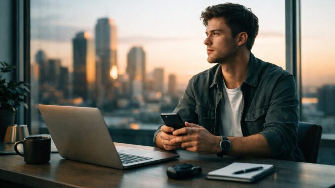 Junger Mann bei Sonnenuntergang am Arbeitsplatz