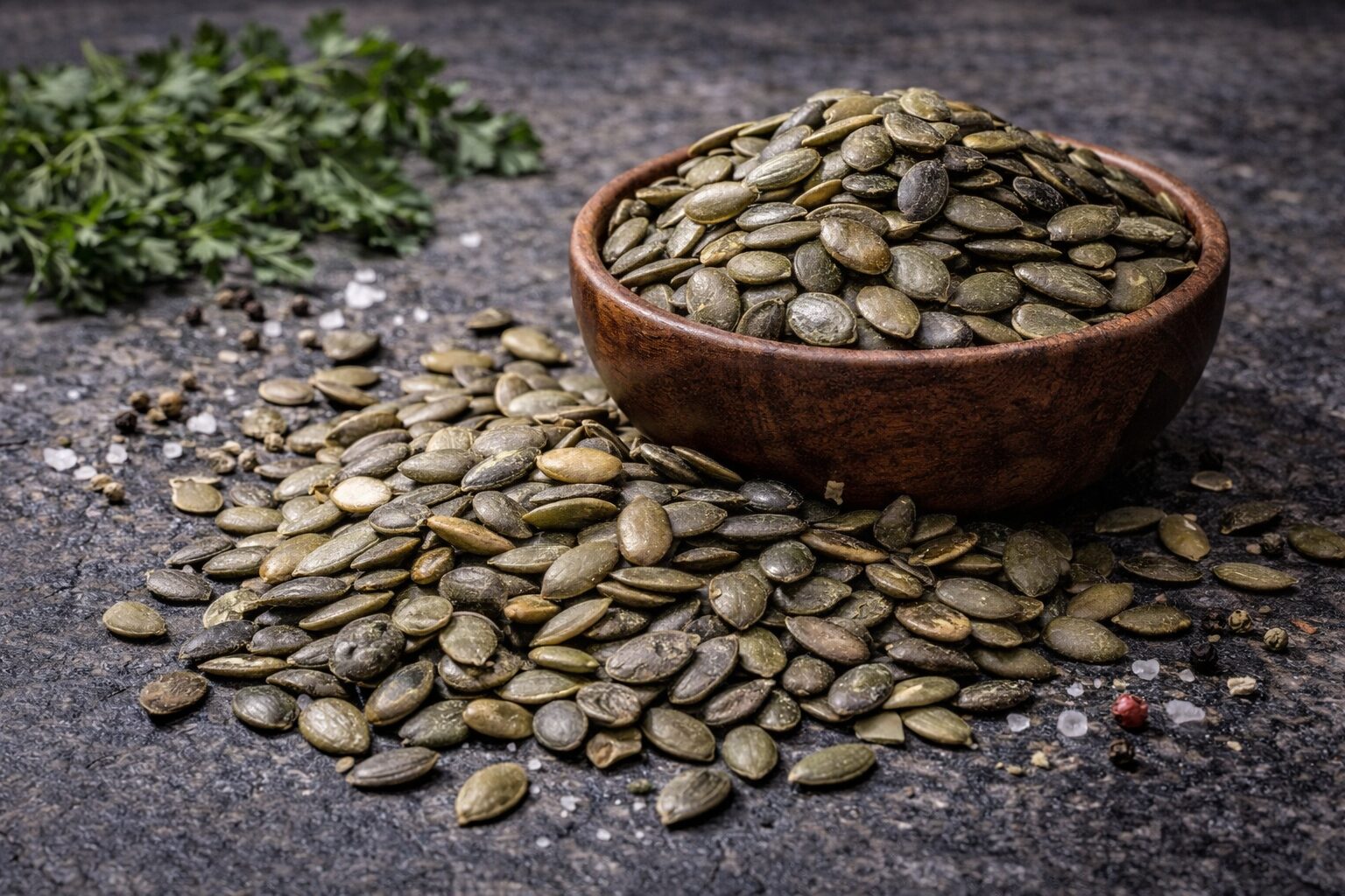 Kürbiskerne in Holzschale und Gewürzen