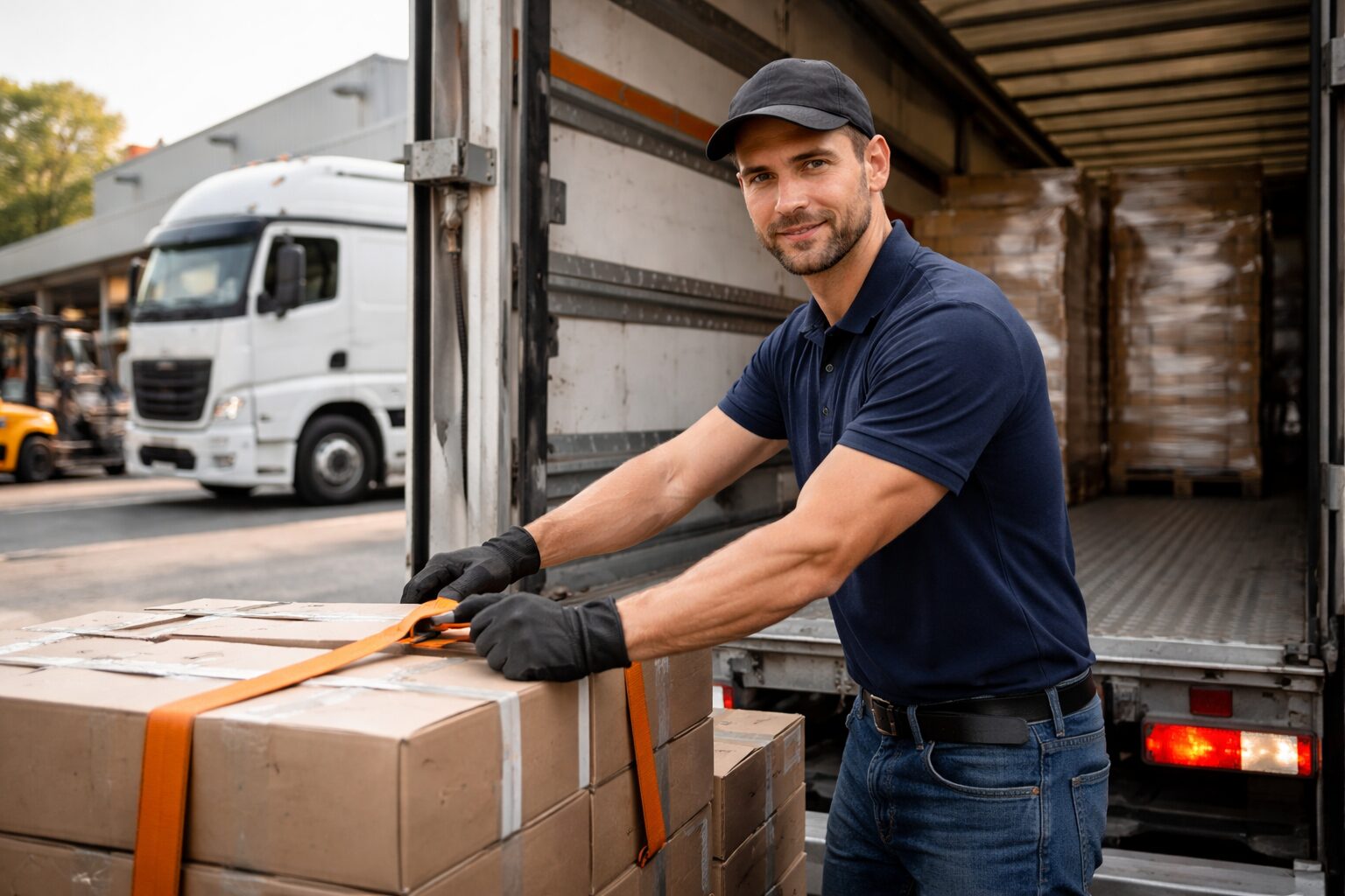 Lastwagenfahrer sichert Palettenladungen