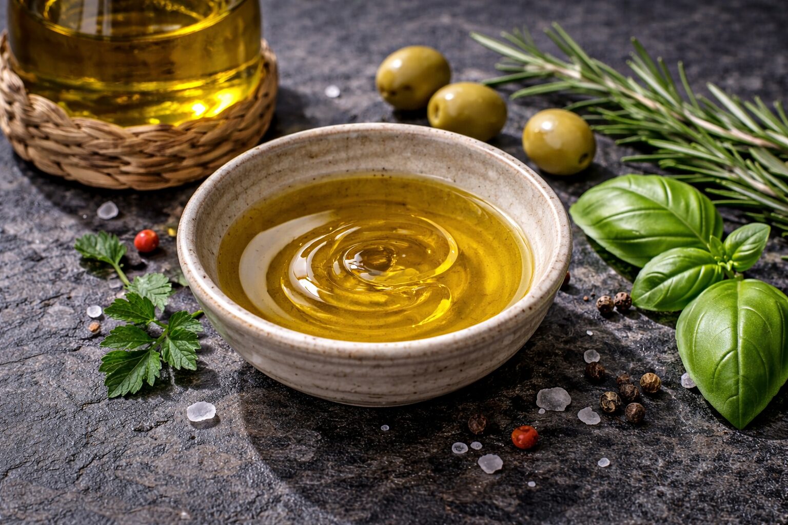 Olivenöl und frische Zutaten
