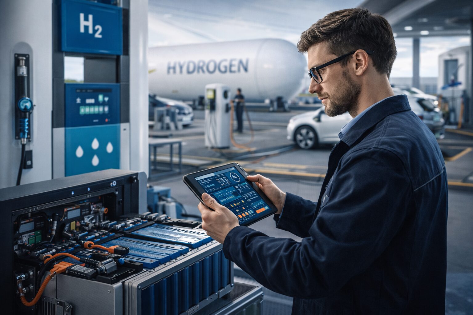 Techniker arbeitet an Wasserstofftechnologie