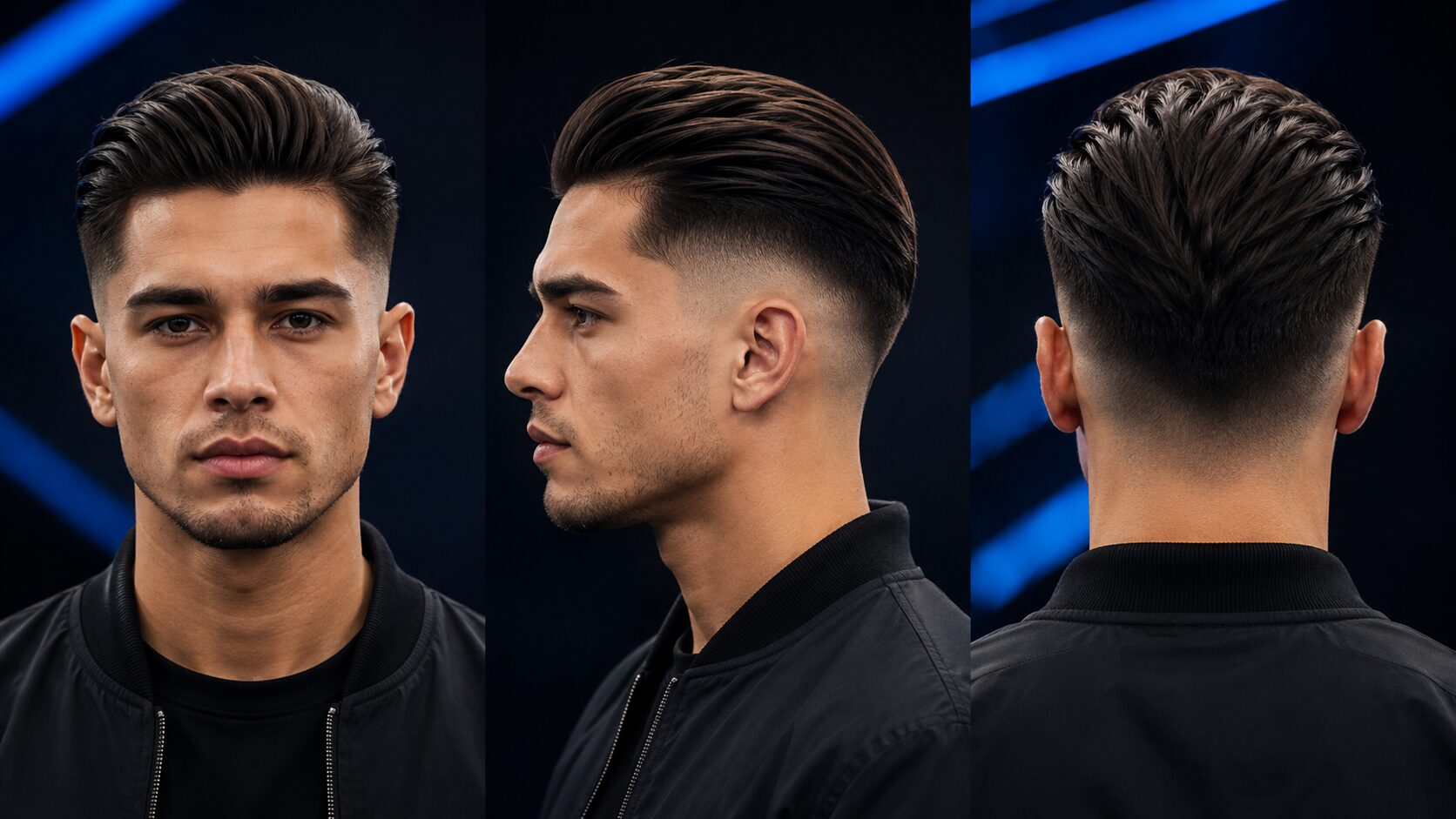 High Taper Fade mit nach hinten gekämmtem Deckhaar und starkem Kontrast