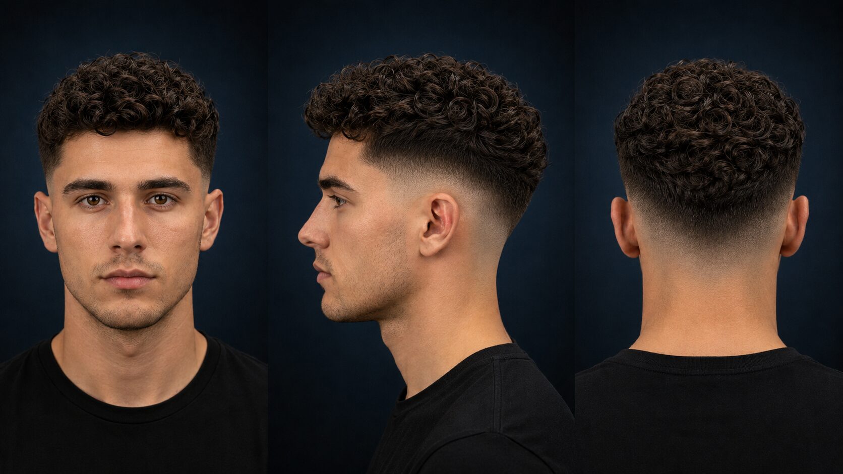 Mid Fade bei definierten Locken, Volumen oben, blanke Seiten
