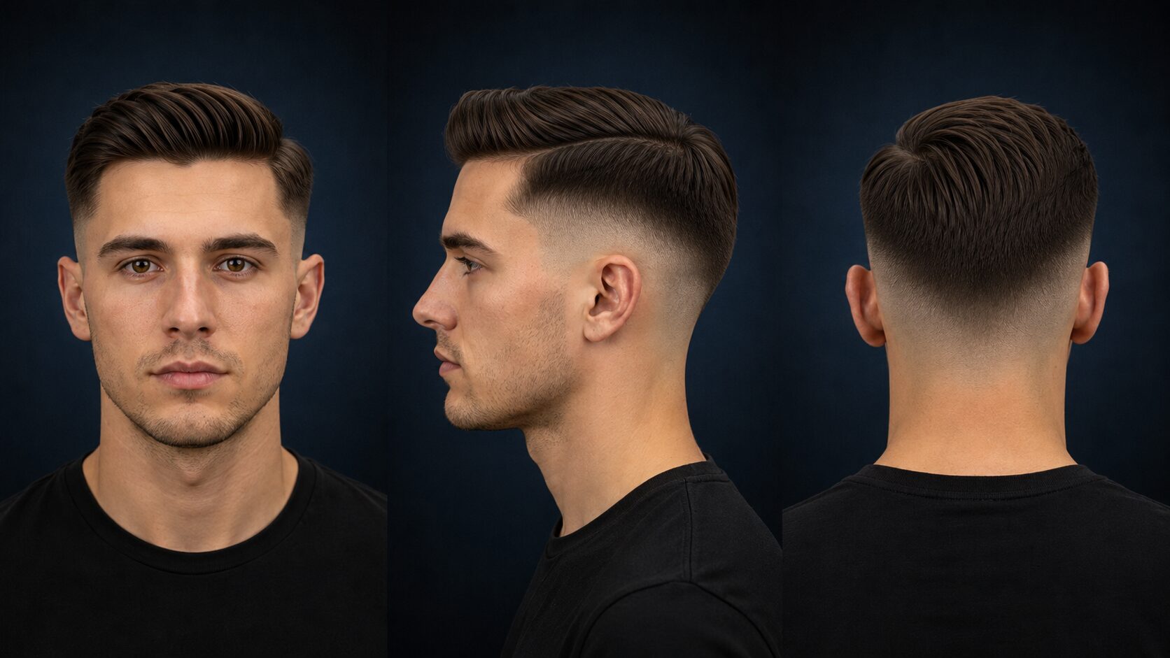 Mid Fade bei glattem Haar, präzise Linien, Business-Look