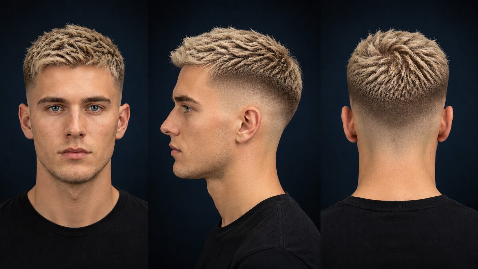 Mid Fade mit blondiertem Deckhaar, starker Kontrast zur Kontur
