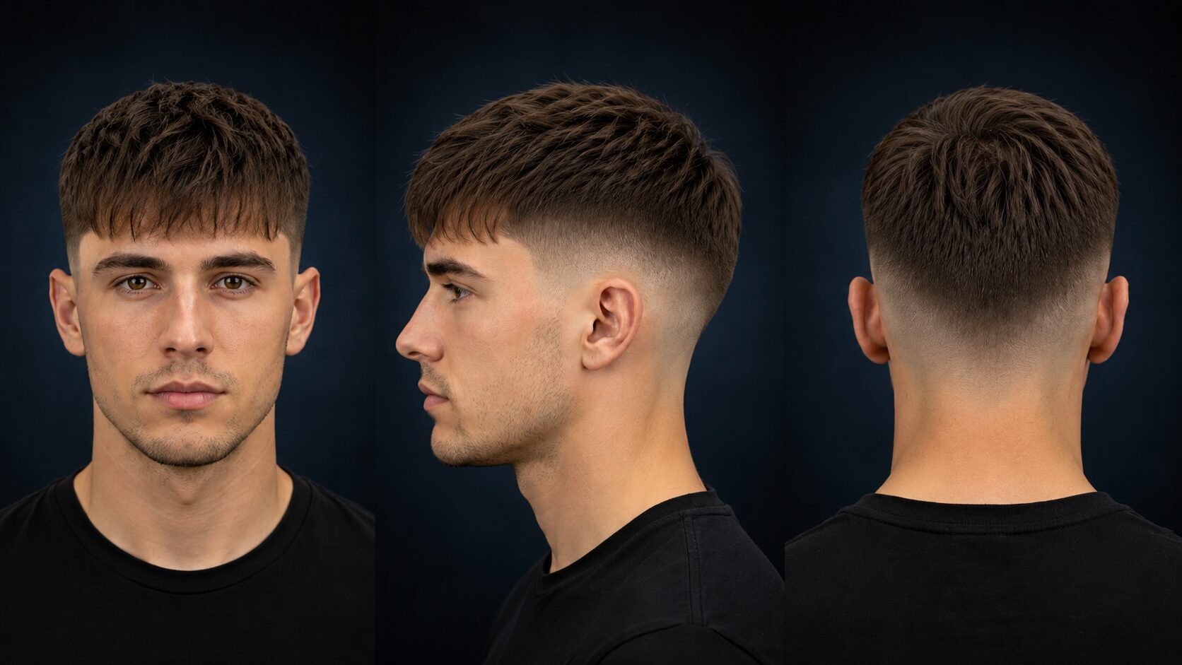 Mid Fade mit texturiertem Pony nach vorne, betont Augenpartie