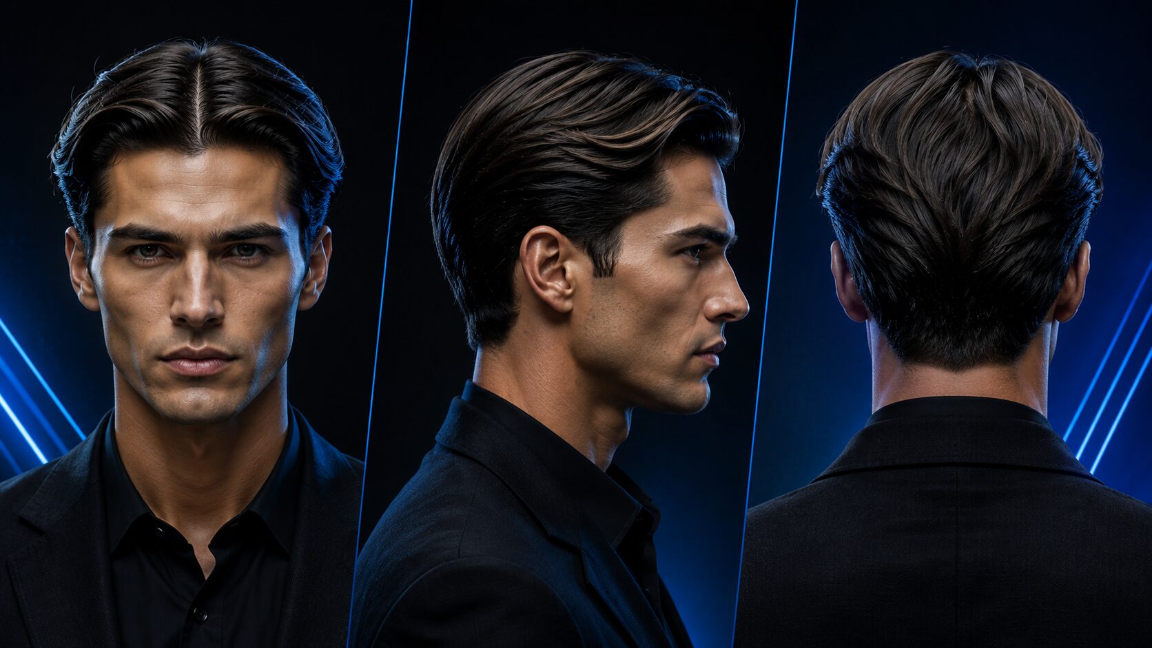 Slick Back mit Mittelscheitel und beidseitig zurückgelegtem Deckhaar