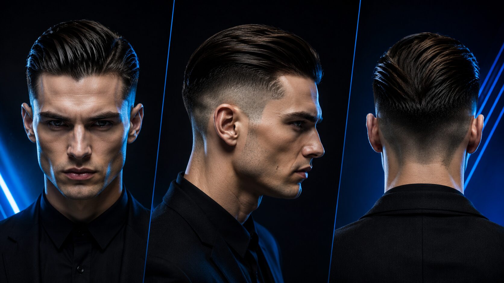 Slick Back mit Undercut und klarer Trennlinie zwischen Seiten und Deckhaar