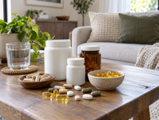 Verschiedene Nahrungsergänzungskapseln und Tabletten auf einem Tisch
